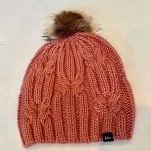Echo twisted cableknit pompom beanie hat pink with faux fur NWOT never worn